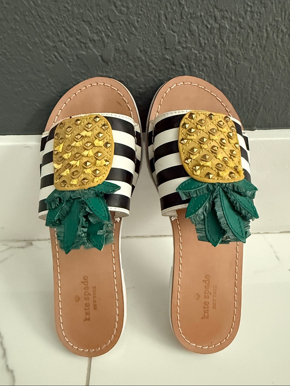 Kate Spade Pineapple Slide Sandals in Black & White Stripe with Gold Pineapple